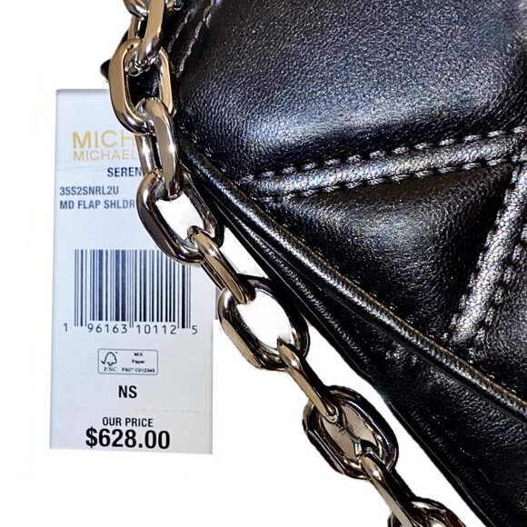 Michael Kors Serena Black Flap Med Crossbody Bag Quilted Leather Silver NWT $628 - Picture 5 of 6